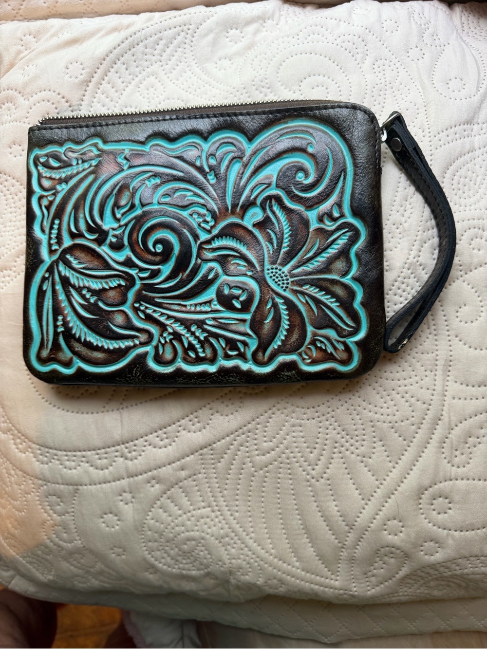 Patricia Nash Brown Leather Wristlet with Turquoise Floral Tooled Accent - Picture 2 of 4